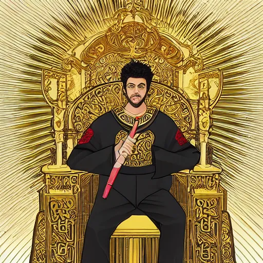 Image similar to modern self portrait of man sitting on throne, legs crossed, while holding a sword, white man, hispanic, brown hair, light skin, golden throne, sharp, marker, red robes, 8 k, hi - rez, clear, brown eyes, colored, green plants and golden background, sun in the sky, palace scenery, sharp, illustrated by yoji shinkawa