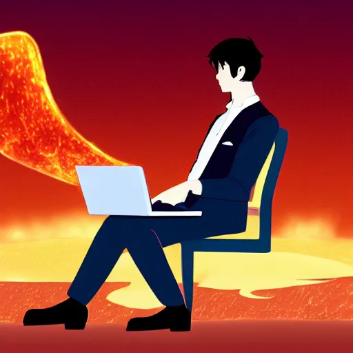 Prompt: a demon programmer gentleman ~ using a laptop ~ lava background ~ digital art ~ two horns ~ sitting on a chair ~