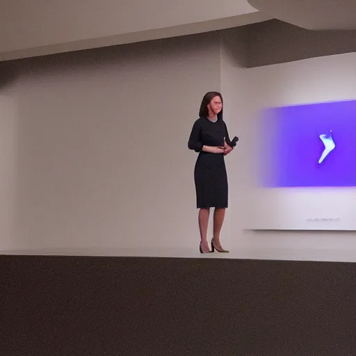 Image similar to photograph of a female mark zuckerberg giving a keynote speech on apple park