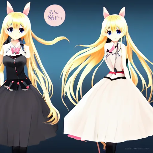 Prompt: vtuber design artstation cute anime girl with long blonde hair elegant dress and black rabbit ears high resolution character design