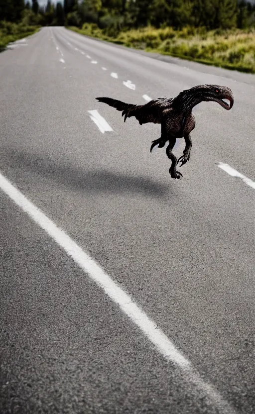 Image similar to a utahraptor running cross the road, realistic, 3 5 mm, 4 k