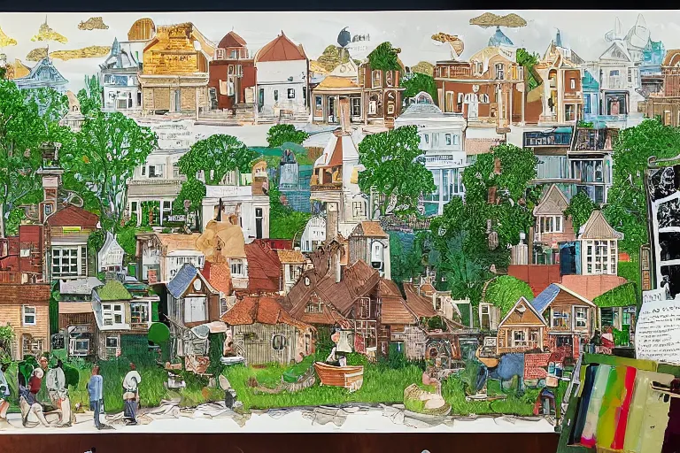 Image similar to an elaborate and dense painting of a beautiful peaceful neighborhood scene, detailed, made of alcohol ink on parchment and penned illustrations, by wes anderson!!!!!! and geoff darrow