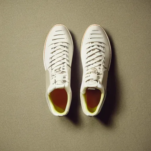 Image similar to a studio photoshoot of Nike sneakers designed by Tom Sachs, cream leather with knitted mesh material, gum rubber outsole, realistic, color film photography by Tlyer Mitchell, 35 mm, graflex