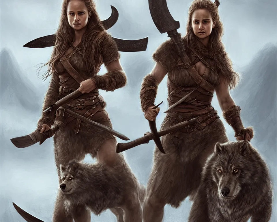 Prompt: gorgeous!! hyper - realistic solo woman resembling alicia vikander as a battle - worn viking warrior wielding a giant axe, accompanied by a dire wolf | intricate, highly detailed, digital painting, character design, character concept art | drawn by wlop, drawn by jeehyung lee, drawn by artgerm, drawn by peter kemp