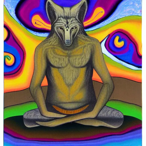 Prompt: an anthromorphic wolf man meditating in a zen garden, by amanda clark in a psychedelic style, oil on canvas