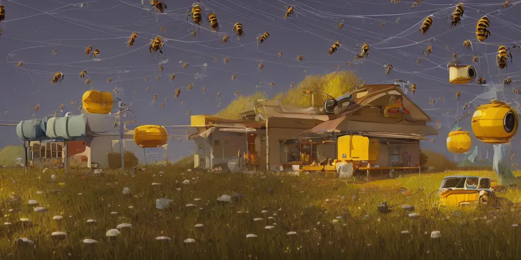 Image similar to honey bee world and hives by Goro Fujita and Simon Stalenhag , 8k, trending on artstation, hyper detailed, cinematic