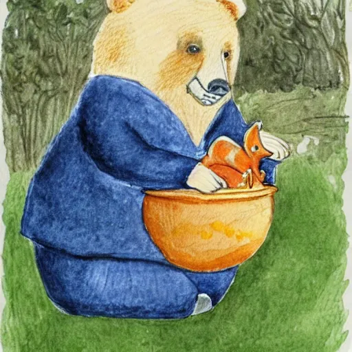 Prompt: a grumpy man dressed in a bear costume, holding a goldfish inside a bowl. watercolour with pencil, in the style of beatrix potter.