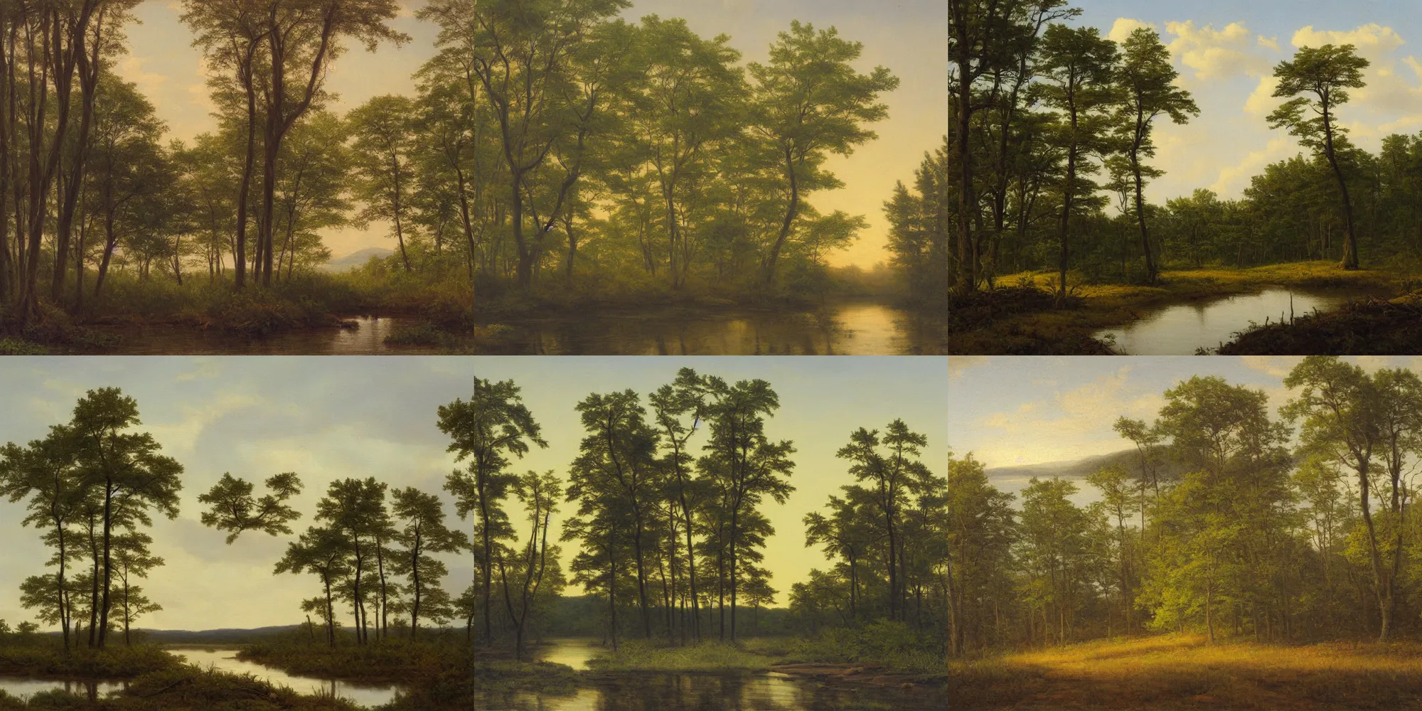 Prompt: hudson river school painting, naturalism, swamp, few little pines, corduroy road