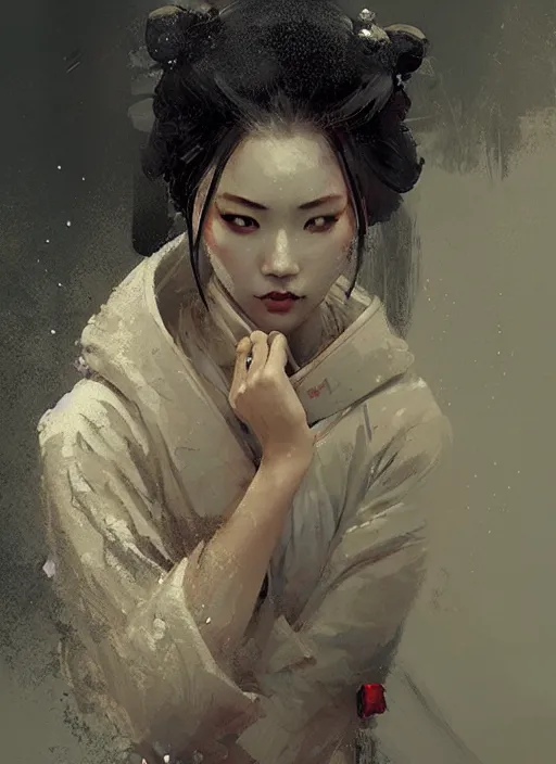 Image similar to female geisha girl, beautiful face, rule of thirds, intricate outfit, spotlight, by greg rutkowski, by jeremy mann, digital painting