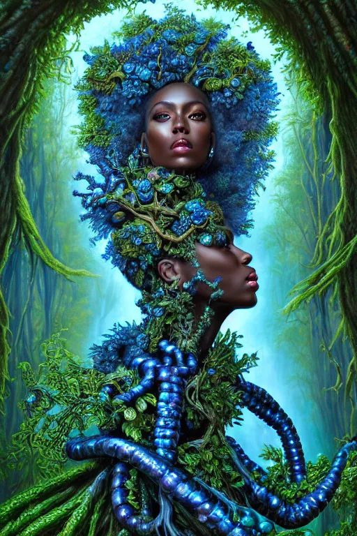 Image similar to hyperrealistic post - rococo super gorgeous! black woman with exoskeleton armor, merging with tree in a forest, highly detailed digital art masterpiece smooth cam de leon hannah yata dramatic pearlescent blue teal light ground angle hd 8 k sharp focus