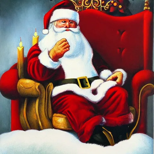 Prompt: Santa Claus sitting on his throne at the North pole, oil canvas