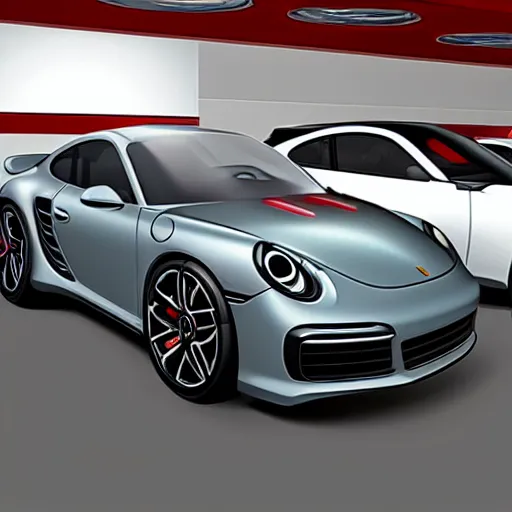 Image similar to car showroom, full image, concept for a german muscle car inspired by a Porsche 911 Turbo S