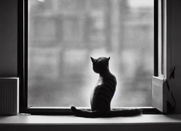 Image similar to photography of a Cat . watching outside the window. on a bed. in a 70's room full of vinyls and posters, photorealistic, award winning photo, 100mm, sharp, high res