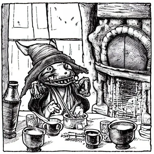 Prompt: an anthropomorphic kobold wearing a wizard hat and robes, in a tavern, by the hearth, photography by bussiere rutkowski andreas roch ( by george morikawa ) ( by kentaro miura )