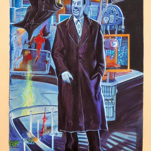 Image similar to vincent price as billionaire howard hughes in sci fi robes and high collar, vivid, rocket factory in the background, mike mignogna, illustration, dynamic and dramatic, highly detailed, rough paper, dark, oil painting