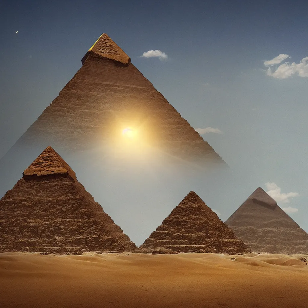 Image similar to “ a woman sees a paradox in front of her unfolding, a golden light shines above, a golden pyramid appears on the horizon, highly detailed in 4 k ”