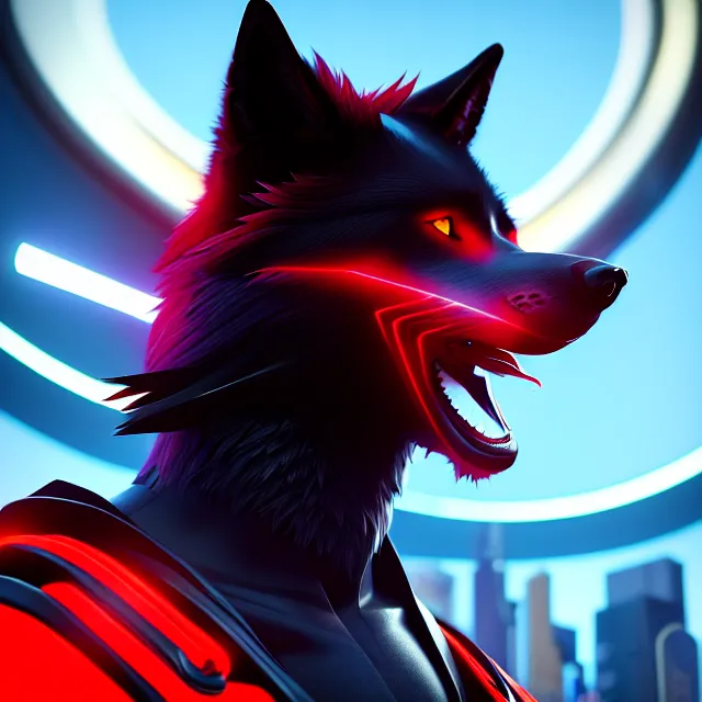 Image similar to portrait of a anthropomorphic black male wolf with red long red hair wearing futuristic clothes in a futuristic city, hyper detailed, digital art, trending in artstation, cinematic lighting, studio quality, smooth render, unreal engine 5 rendered, octane rendered, art style by pixar dreamworks warner bros disney riot games and overwatch.