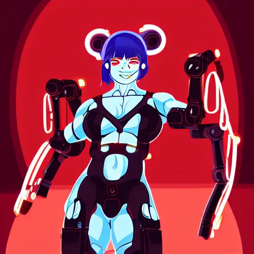 Image similar to a muscular female cyborg ( 8 0 % machine, 2 0 % human ) with glowing red eyes and an evil smile, recharging herself, sci - fi themed, pixiv, vector art