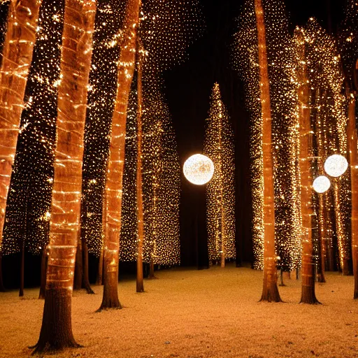 Image similar to forrest illuminated by glowing spheres, night, 5 5 mm