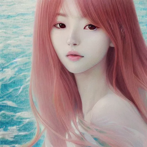 Image similar to Females Portrait by Miho Hirano, Ross Tran and Ilya Kuvshinov, realistic, detailed, white, light pink tonalities, beautiful collage technique including flora, sea, wind, ornate sea background, beautiful Fantasy detailed trending on artstation, oil painting,Dramatic lighting, eterea , high quality print, fine art with subtle redshift rendering