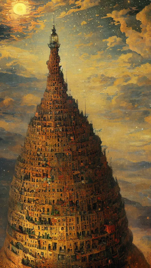 Image similar to a beautiful painting of bruegel's tower of babel, at night with a sky full of stars, intricate, elegant, highly detailed, digital painting, artstation, concept art, by krenz cushart and artem demura and alphonse mucha