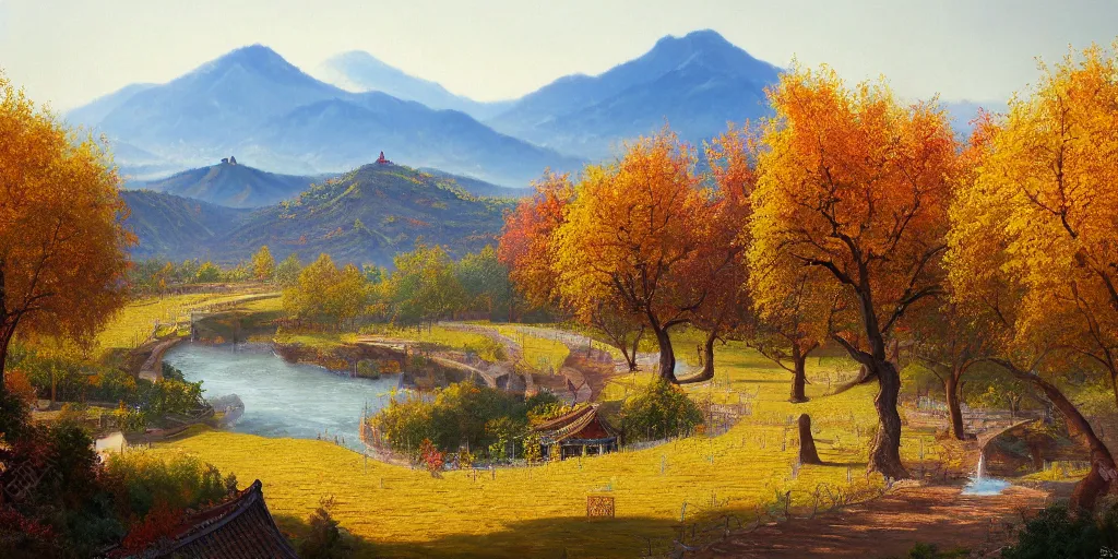 Image similar to painting of a FANTASY winery in BEIJING autumn, with a river winding through them. In the distance, there are mountains. by bob ross, Albert Bierstadt, oil on canvas, immaculate scale, hyper-realistic, trending on Artstation, 8k, detailed, atmospheric, immaculate