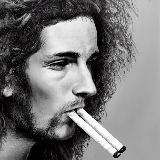 Prompt: photorealistic high detailed portrait of 1960s hippy with cigarette in mouth