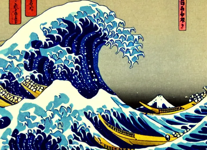 Image similar to the great wave off kanagawa is a woodblock print by the japanese ukiyo - e artist hokusai, probably made in late 1 8 3 1 during the edo period of japanese history. the print depicts three boats moving through a storm - tossed sea, with a large wave forming a spiral in the centre and mount fuji visible in the background