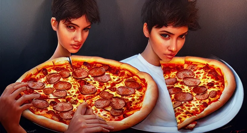 Prompt: people eating pizza. art by salman toor. faithfully depicted facial expression, perfect anatomy, sharp focus, global illumination, radiant light, detailed and intricate environment, trending on artstation