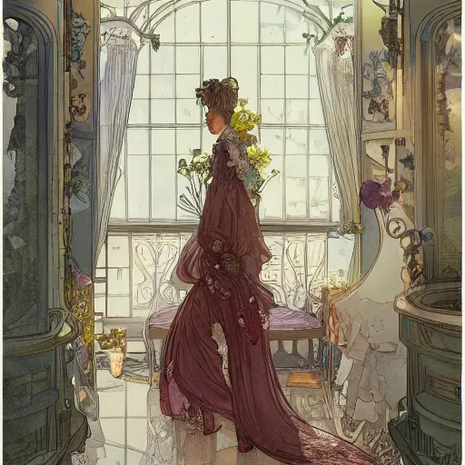 Prompt: a beautiful intricate watercolor illustration of a victorian dressing room, 4 k, ultra - wide angle, by william turner, by victo ngai, by alphonse mucha, by miho hirano, hd, trending on artstation, hyper detailed, muted colors