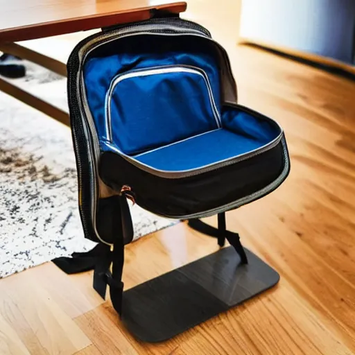 Image similar to a backpack is put under a table, backpack under a table