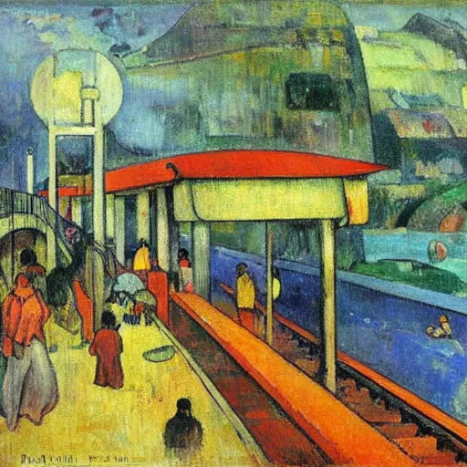 Prompt: underwater train station by paul gauguin