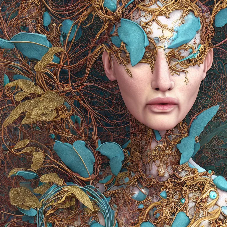 Prompt: cinema 4d colorful render, organic, ultra detailed, of a painted realistic porcelain woman's bust, scratched. biomechanical cyborg, analog, macro lens, beautiful natural soft rim light, big leaves, winged insects and stems, roots, fine foliage lace, turquoise gold details, Alexander Mcqueen high fashion haute couture, art nouveau fashion embroidered, intricate details, mesh wire, mandelbrot fractal, anatomical, facial muscles, cable wires, elegant, hyper realistic, in front of dark flower pattern wallpaper, ultra detailed, 8k post-production