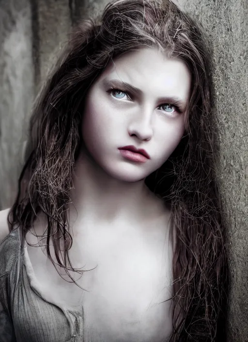 Image similar to closeup portrait of a young female vampire, depth of field, zeiss lens, detailed, symmetrical, centered, fashion photoshoot, by Annie Leibovitz and Steve McCurry, David Lazar, Jimmy Nelsson, Breathtaking, 8k resolution, extremely detailed, beautiful, establishing shot, artistic, hyperrealistic, beautiful face, octane render