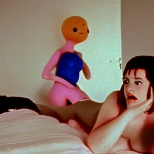 Image similar to still from a 1994 arthouse film about a depressed housewife dressed as a squishy inflatable toy who meets a handsome younger man in a seedy motel room, color film, 16mm soft light, weird art on the wall