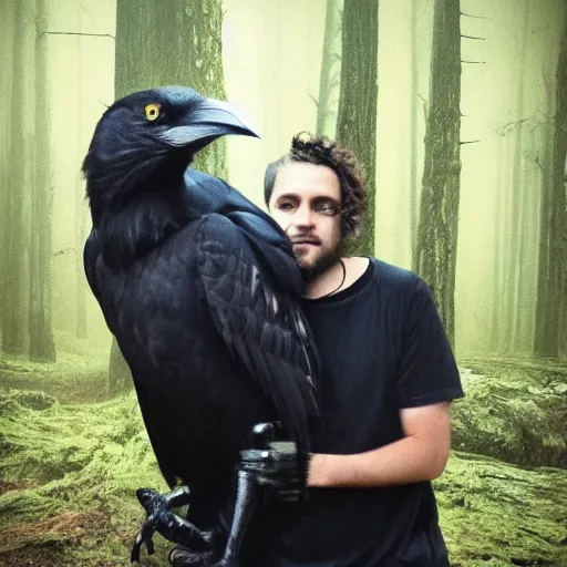 Image similar to !! werecreature consisting of a crow and a human, photograph captured in a dark forest