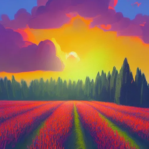 Prompt: who cared, flower field, beautiful sunset on a summer day light, impressionist painting, colorful clouds, blue sky, digital painting, artstation, simon stalenhag