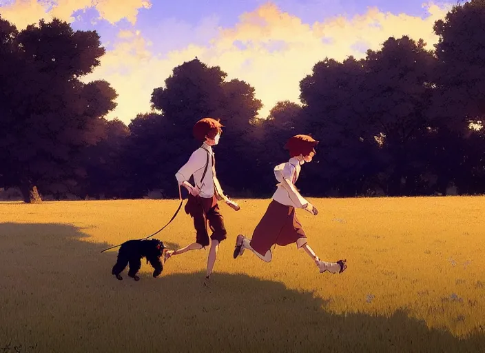 Image similar to france 1 9 2 0's, young adult running with his goldendoodle dog on a green meadow, golden hour, finely detailed perfect art, gapmoe yandere grimdark, trending on pixiv fanbox, painted by greg rutkowski makoto shinkai takashi takeuchi studio ghibli