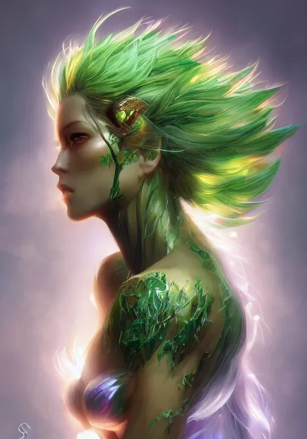 Prompt: A realistic anime portrait of a beautiful dryad with glowing green eyes and tree bark skin wearing clothes made of leaves, digital painting, by Stanley Artgerm Lau, Sakimichan, WLOP and Rossdraws, digtial painting, trending on ArtStation, SFW version