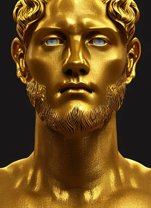 Image similar to stylized gold and black ornate statue bust made of marble of hercules, perfect symmetrical body, perfect symmetrical face, hyper realistic, hyper detailed, by johannen voss, by michelangelo, octane render, blender, 8 k