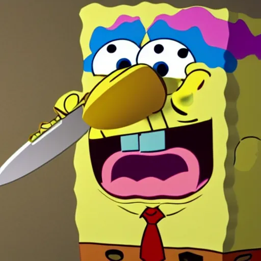 Prompt: a 3d redner of spongebob with a knife