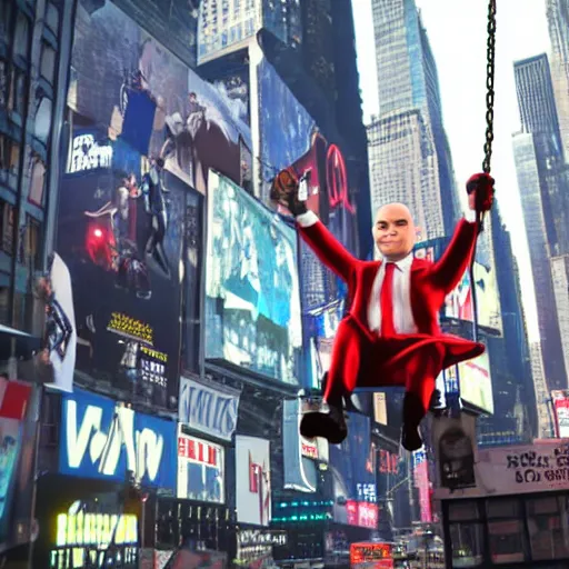 Image similar to a picture of agent 4 7 swinging in nyc times square, photorealistic