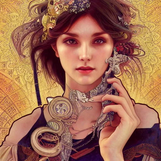 Image similar to a photograpic portrait of a pretty woman, spacepunk, fantasy, intricate, elegant, highly detailed, digital painting, artstation, concept art, smooth, sharp focus, illustration, art by artgerm and H R Giger and alphonse mucha