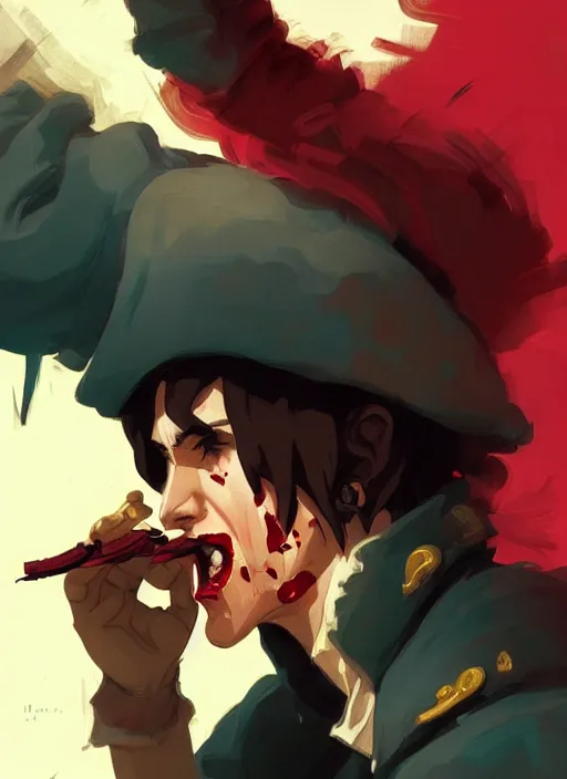 Prompt: a wounded french revolutionary spitting blood, heroic, glorious, in the style of artgerm, gerald brom, atey ghailan and mike mignola, vibrant colors and hard shadows and strong rim light, plain background, comic cover art, trending on artstation