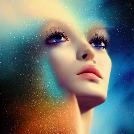 Prompt: sci - fi, close - up, 3 d, stars, blonde fashion model face closed eyes, cinematic, clouds, sun rays, vogue cover style, poster art, blue mood, realistic painting, intricate oil painting, high detail illustration, figurative art, multiple exposure, water, 3 d, by tooth wu and wlop and beeple and greg rutkowski