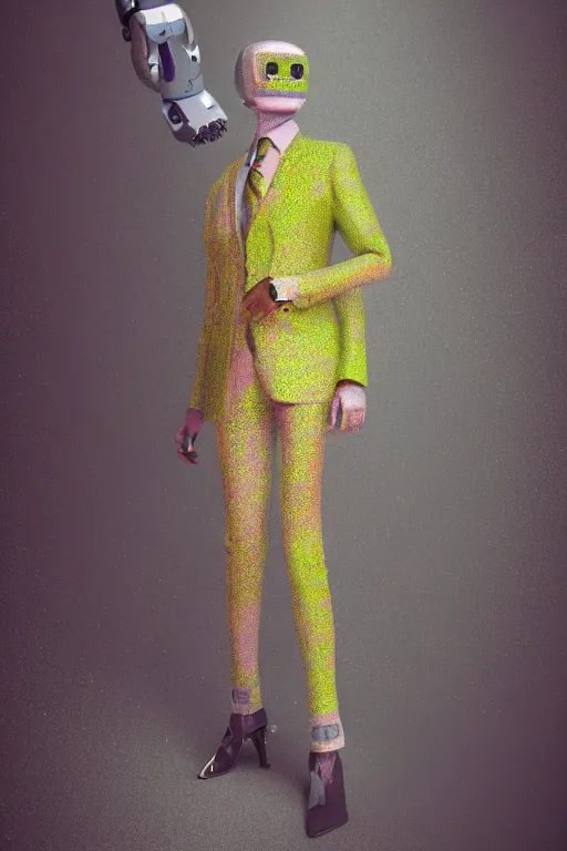 Prompt: a scene with a robot wearing a super detailed muted color diy! suit with fluo details, vivienne westwood!, detailed photoreal render octane render, pointillism, full body