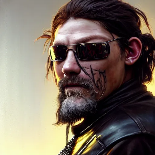 Image similar to portrait painting of a cyberpunk dwarf biker that looks like norman reedus, ultra realistic, concept art, intricate details, eerie, highly detailed, photorealistic, octane render, 8 k, unreal engine. art by artgerm and greg rutkowski and charlie bowater and magali villeneuve and alphonse mucha