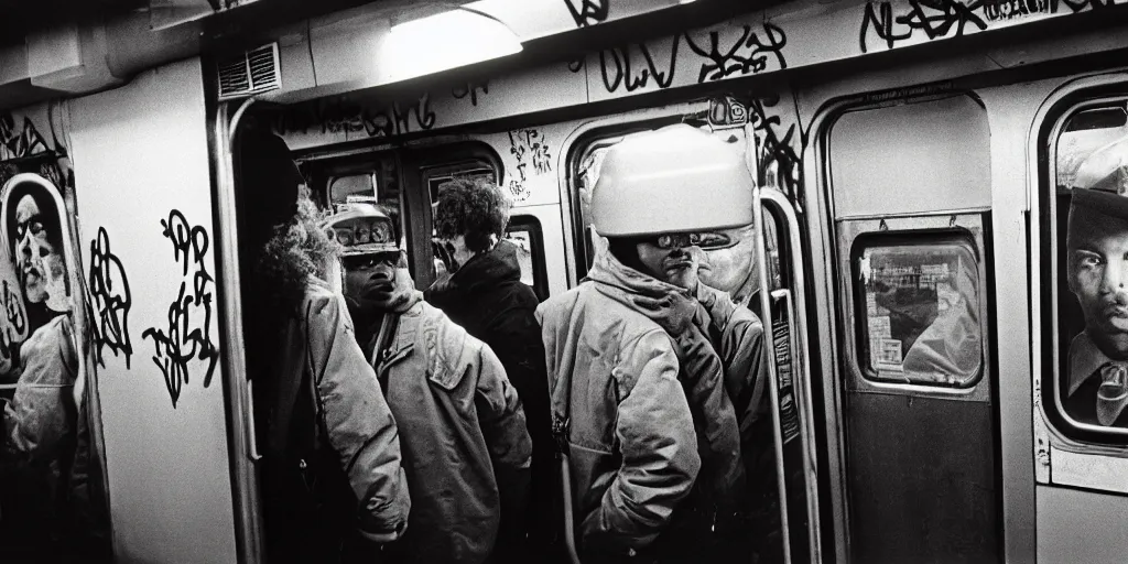 Image similar to new york subway cabin 1 9 8 0 s inside all in graffiti, policeman closeup, coloured film photography, christopher morris photography, bruce davidson photography