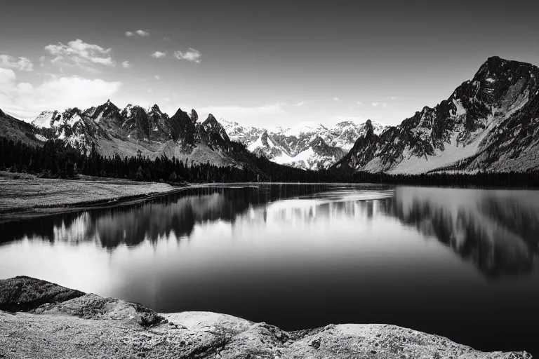 Image similar to a beautiful landscape photography of Mountains with a lake by Ansel Adams, black and white, dramatic