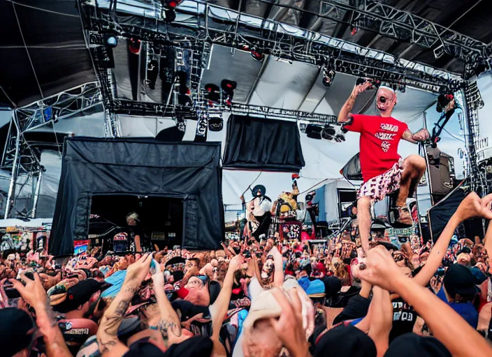 Image similar to photo still of don knotts at vans warped tour!!!!!!!! at age 5 5 years old 5 5 years of age!!!!!!! stage diving into a crowd, 8 k, 8 5 mm f 1. 8, studio lighting, rim light, right side key light